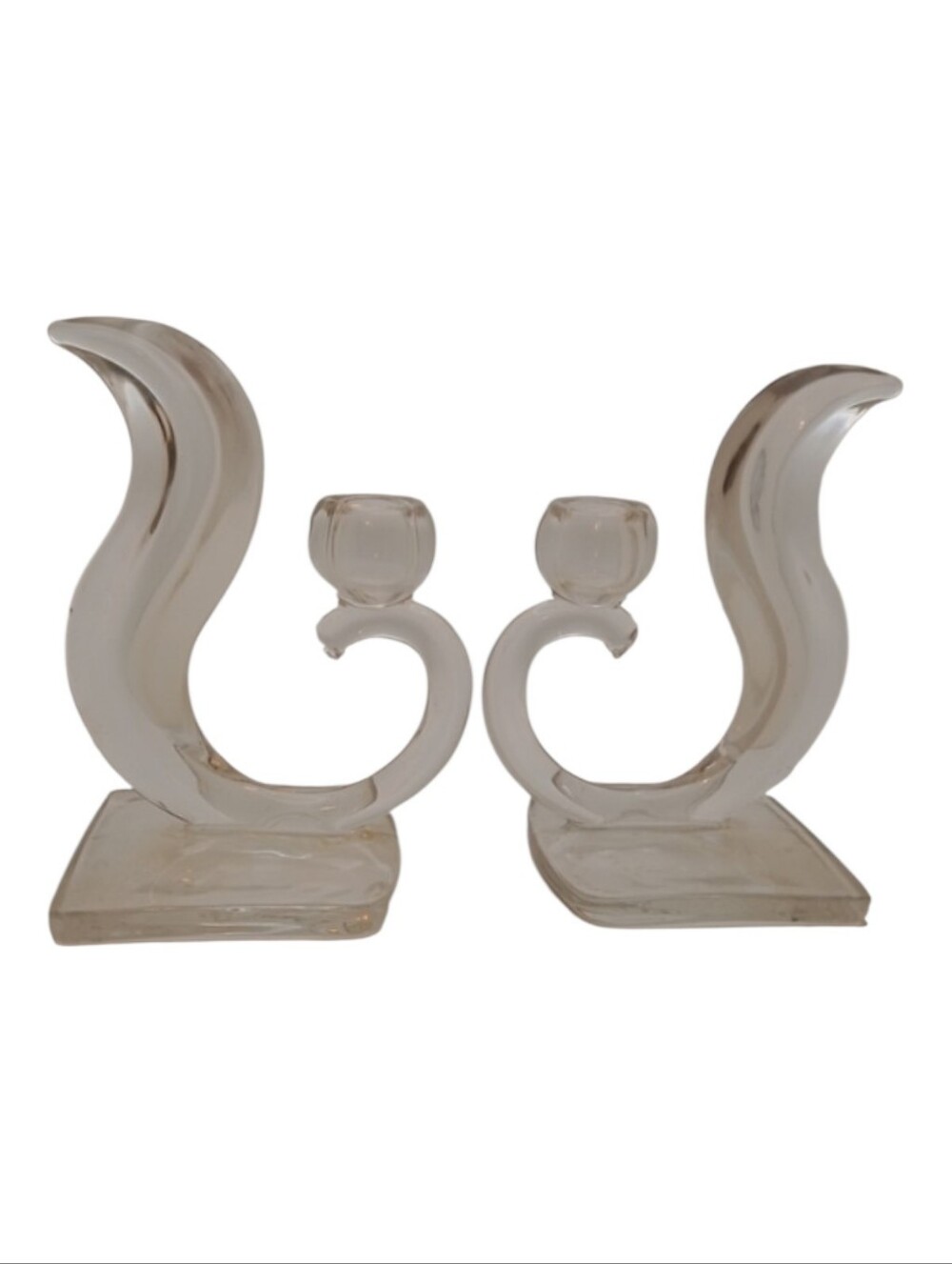 Vintage Pair of Clear Glass Squirrel Tail Candle Stick Holders!